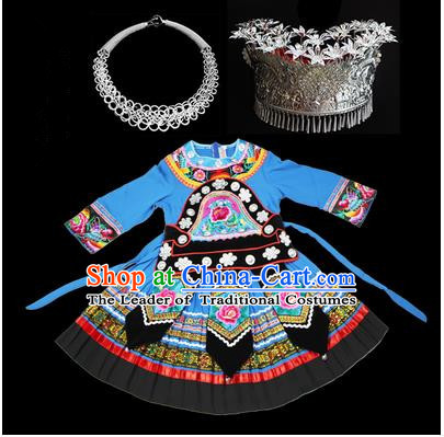 Traditional Chinese Miao Nationality Dancing Costume Accessories Set, Children Folk Dance Ethnic Cloth and Headwear, Chinese Tujia Minority Nationality Costume and Hat for Kids