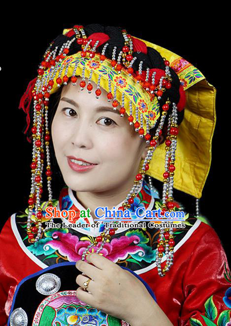 Chinese Traditional Miao Minority Hmong Folk Ethnic Hat, Tujia Ethnic Embroidery Bells Hat for Women