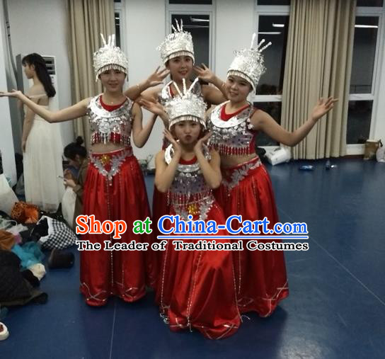 Traditional Chinese Miao Nationality Dancing Costume, Hmong Female Folk Dance Ethnic Pleated Skirt, Chinese Minority Nationality Embroidery Costume for Women