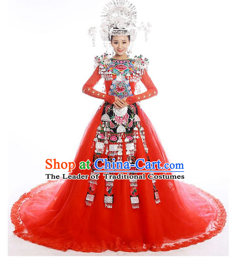 Traditional Chinese Miao Nationality Wedding Costume Accessories Crown, Necklace, Hmong Female Wedding Ethnic Trailing Dress and Phoenix Silver Headwear, Chinese Minority Nationality Embroidery Costume and Hat for Women