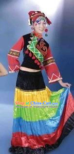 Traditional Chinese Yi Nationality Dancing Costume, Yi Female Folk Dance Ethnic Dress, Chinese Yi Minority Nationality Embroidery Costume for Women