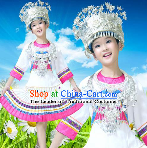 Traditional Chinese Miao Nationality Dancing Costume Accessories Necklace and Longevity Lock, Hmong Children Folk Dance Ethnic Pleated Skirt and Headwear, Chinese Minority Tujia Nationality Embroidery Costume and Hat for Kids