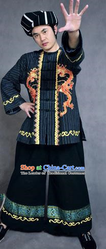 Traditional Chinese Miao Nationality Dancing Costume, Hmong Male Folk Dance Ethnic Dress, Chinese Minority Tujia Nationality Embroidery Costume for Men