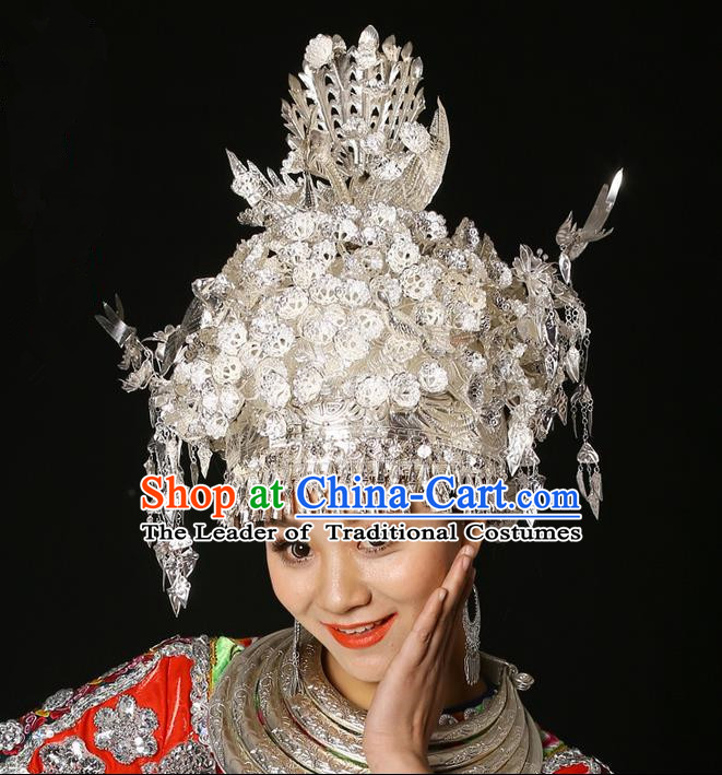 Traditional Chinese Miao Nationality Phoenix Silver Headwear, Hmong Female Folk Wedding Ethnic Accessories Crown, Chinese Minority Nationality Jewelry Accessories Hairpins for Women