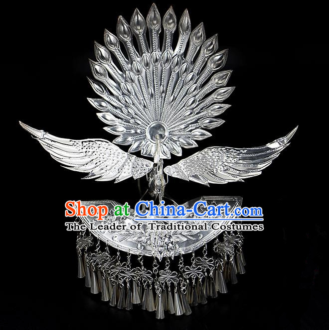 Traditional Chinese Miao Nationality Phoenix Silver Headwear, Hmong Female Folk Wedding Ethnic Accessories Crown, Chinese Minority Nationality Jewelry Accessories Hairpins for Women