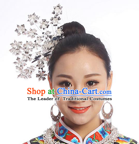 Traditional Chinese Miao Nationality Phoenix Silver Headwear, Hmong Female Folk Wedding Hat, Ethnic Accessories Crown, Chinese Minority Nationality Jewelry Accessories Hairpins for Women