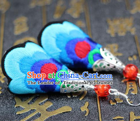 Traditional Chinese Miao Nationality Earrings, Hmong Female Folk Wedding Embroidery Earrings, Chinese Minority Nationality Jewelry Accessories for Women