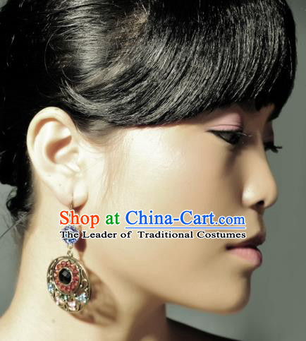 Traditional Chinese Miao Nationality Earrings, Hmong Female Folk Wedding Earrings, Chinese Minority Nationality Jewelry Accessories for Women