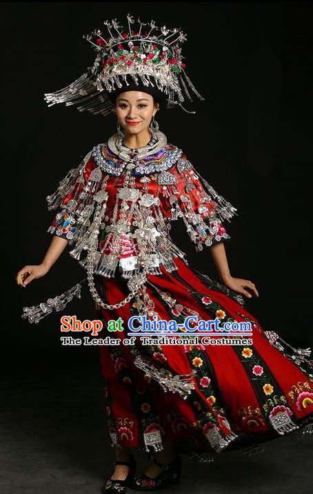 Traditional Chinese Miao Nationality Wedding Costume Accessories Crown, Necklace, Hmong Female Wedding Ethnic Dress and Phoenix Silver Headwear, Chinese Minority Nationality Embroidery Costume and Hat for Women