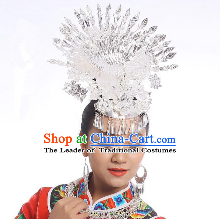 Traditional Chinese Miao Nationality Wedding Accessories Peacock Crown, Hmong Female Wedding Ethnic Silver Phoenix Headwear, Chinese Minority Nationality Hat for Women