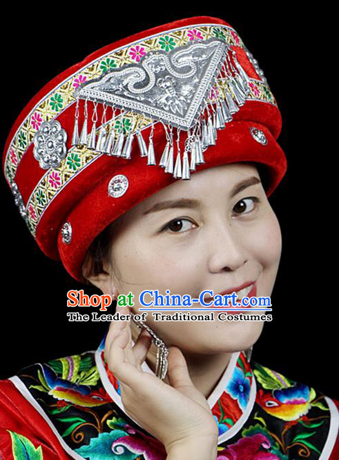 Traditional Chinese Miao Nationality Jewelry Accessories Hats, Hmong Ethnic Accessories, Chinese Minority Tujia Nationality Embroidery Headwear Hat for Women