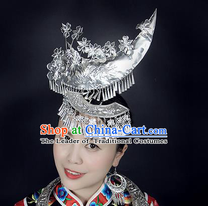 Traditional Chinese Miao Nationality Sliver Jewelry Accessories, Moon Silver Headwear, Hmong Ethnic Hair Accessories, Chinese Minority Miao Nationality Hat Crown for Women