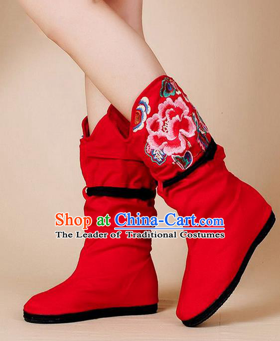 Traditional Chinese Folk Dance Shoes, China Female Embroidered Shoes, Chinese Minority Nationality Embroidery Ankle Boots for Women