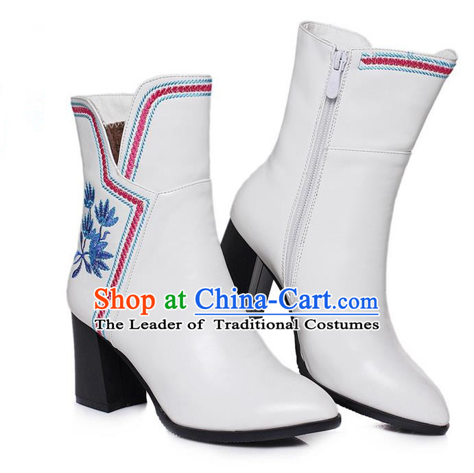 Traditional Chinese Folk Dance Shoes, China Female Embroidered Shoes, Chinese Minority Nationality Embroidery Ankle Boots for Women