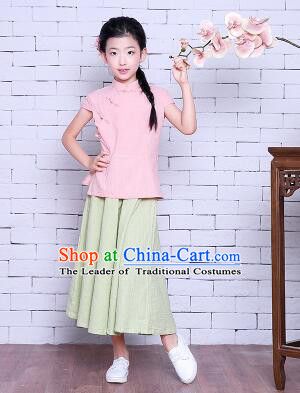 Girl Dress Min Guo Fan Fu Style Chinese Traditional Stage Costume Show Clothes Short Sleeves Pink Top Green Skirt