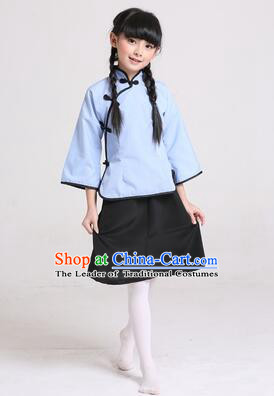 Chinese Traditional Clothes for Children Girl Wu Si Period Student Youth Day Stage Costume Blue