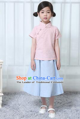 Chinese Style Dress Min Guo Student Dress Girl Female Kids Show Costume Stage Clothes Pink Top Blue Skirt