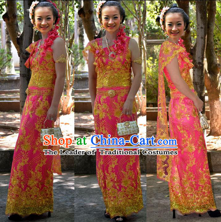 Traditional Asian Thai Palace Princess Wedding Double Gauze Costume Complete Set, Thai Shawl Royal Court Embroidery Clothing for Women