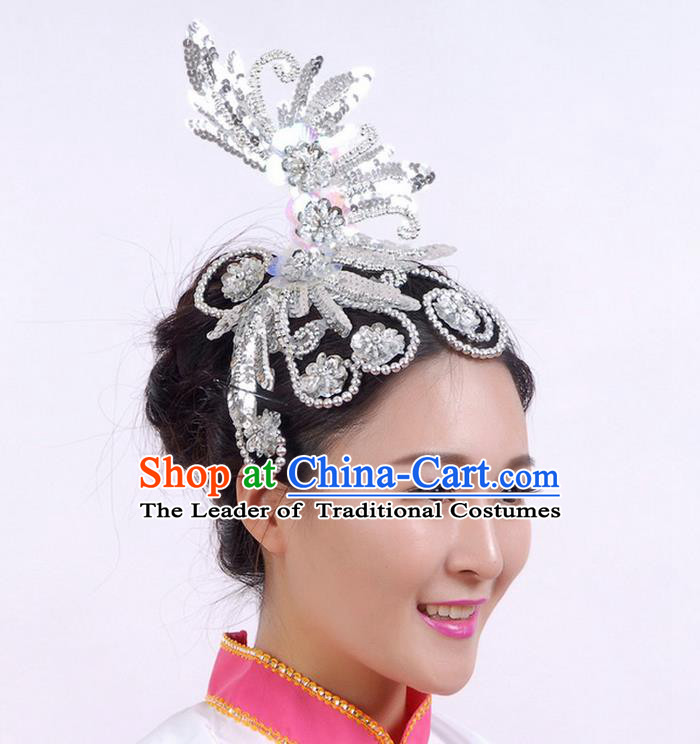 Traditional Chinese Yangge Hair Accessories, Fan Dancing Headwear, Folk Dance Yangko Headdress, China National Minority Dancing Stage Accessories