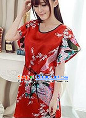 Night Suit for Women Night Gown Bedgown Leisure Wear Home Clothes Chinese Traditional Style Peacock Red