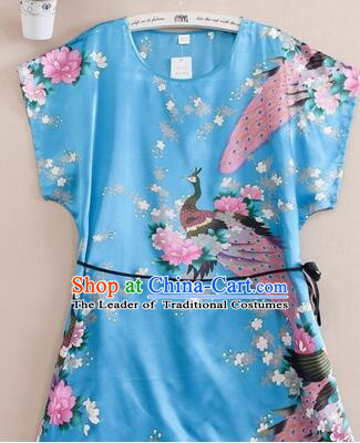 Night Suit for Women Night Gown Bedgown Leisure Wear Home Clothes Chinese Traditional Style Peacock Blue