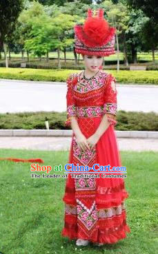 Traditional Chinese Miao Nationality Wedding Costume Set, Hmong Luxury Improved Bride Folk Dance Ethnic Long Skirt, Chinese Minority Nationality Embroidery Costume for Women