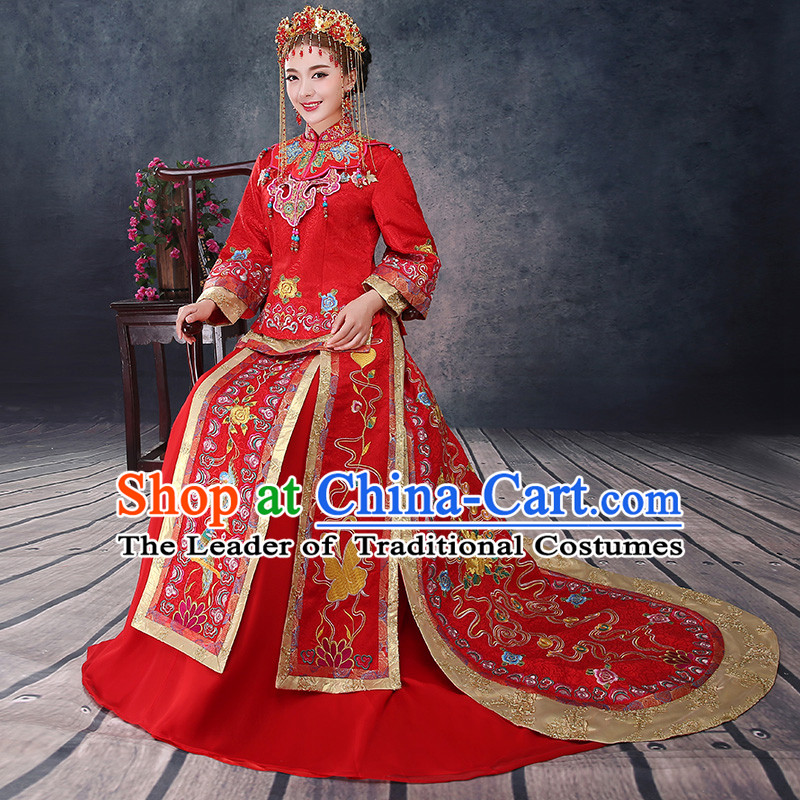 Ancient Chinese Costume, Chinese Style Wedding Dress, Red Ancient Dragon And Phoenix Flown, Bride Toast Clothing For Women