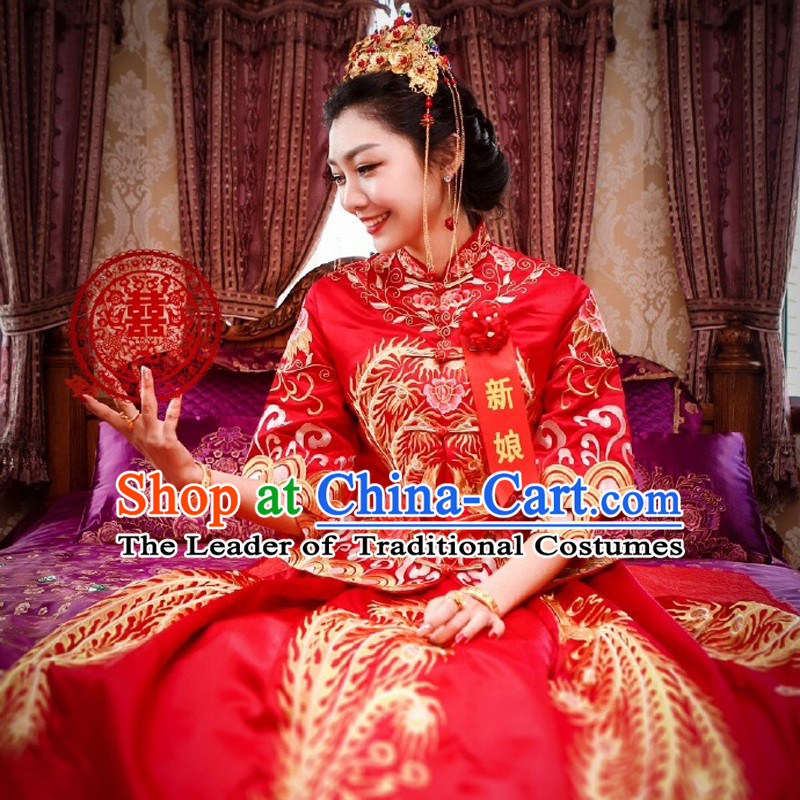 Ancient Chinese Costume, Chinese Style Wedding Dress, Red Ancient Dragon And Phoenix Flown, Bride Toast Clothing For Women