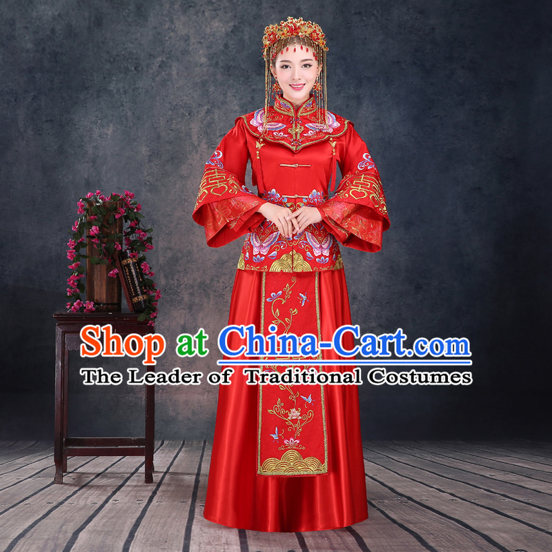 Ancient Chinese Costume, Chinese Style Wedding Dress, Red Ancient Dragon And Phoenix Flown, Bride Toast Clothing For Women