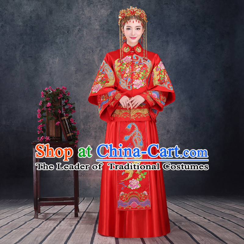 Ancient Chinese Costume, Xiuhe Suits, Chinese Style Wedding Dress, Red Ancient Women Longfeng Dragon And Phoenix Flown, Bride Toast Cheongsam