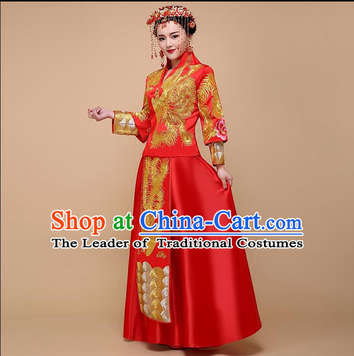 Ancient Chinese Costume, Xiuhe Suits Chinese Style Wedding Dress, Red Ancient Women Long Dragon And Phoenix Flown, Bride Toast Cheongsam