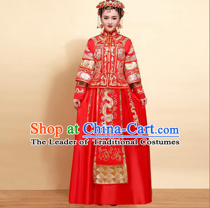 Ancient Chinese Costume, Xiuhe Suits, Chinese Style Wedding Dress, Red Ancient Women Longfeng Dragon And Phoenix Flown, Bride Toast Cheongsam