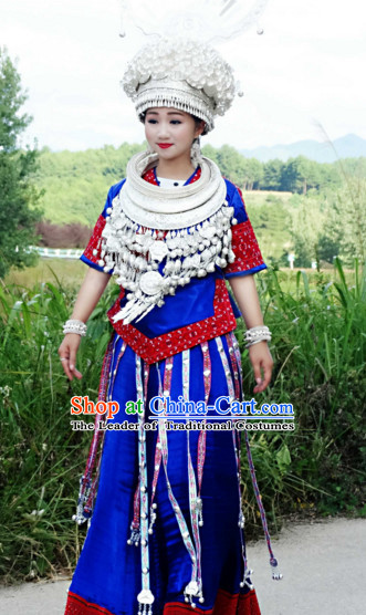 Traditional Chinese Miao Minority Clothing and Silver Hat Complete Set for Women