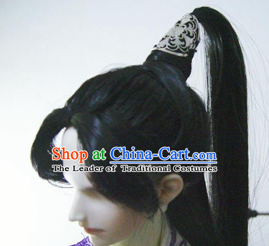 Ancient Chinese Style Prince Emperor Long Black Wigs and Coronet for Men Boys Adults Kids