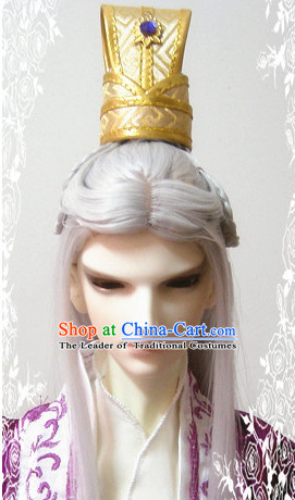 Ancient Chinese Style Prince Emperor Long Black Wigs and Coronet for Men Boys Adults Kids