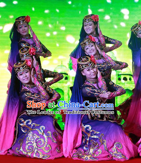 Chinese Folk Ethnic Xinjiang Dance Costumes and Headpieces for Women