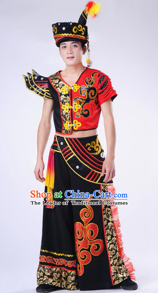 Chinese Traditional Ethnic Group Dancing Costumes and Headdress Complete Set for Men