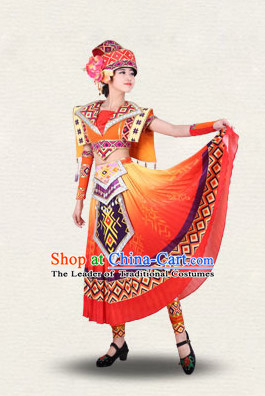 Chinese Traditional Classical Ethnic Dance Costumes Dancewear and Headpieces Complete Set for Women