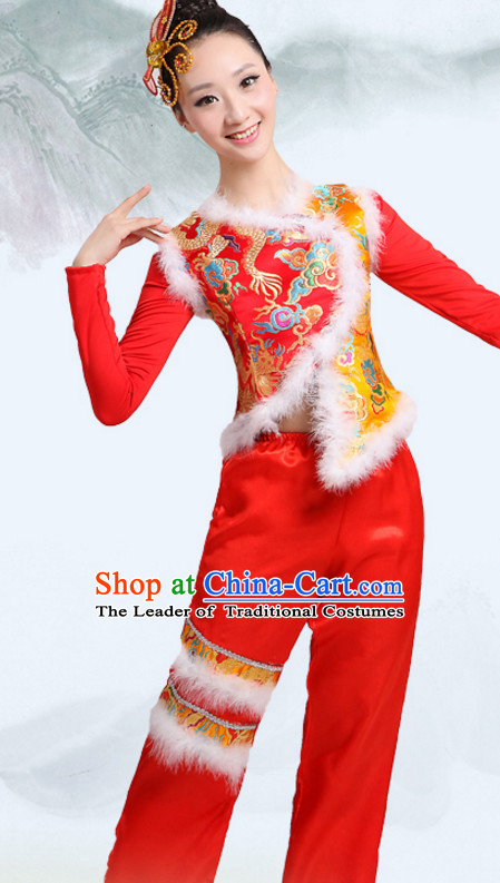 Chinese Traditional Team Fan Dancing Costumes Dancewear and Headpieces Complete Set for Women