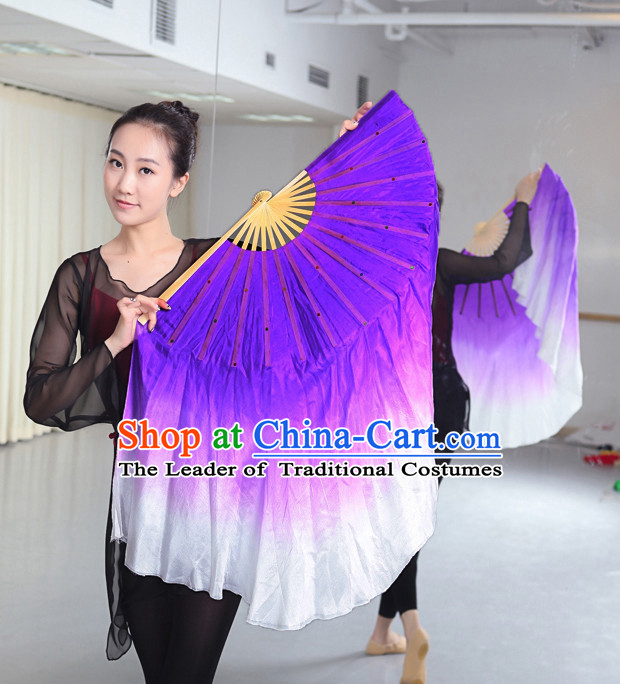 Professional Traditional Two Colors White to Purple Color Transition Pure Silk Dance Fan