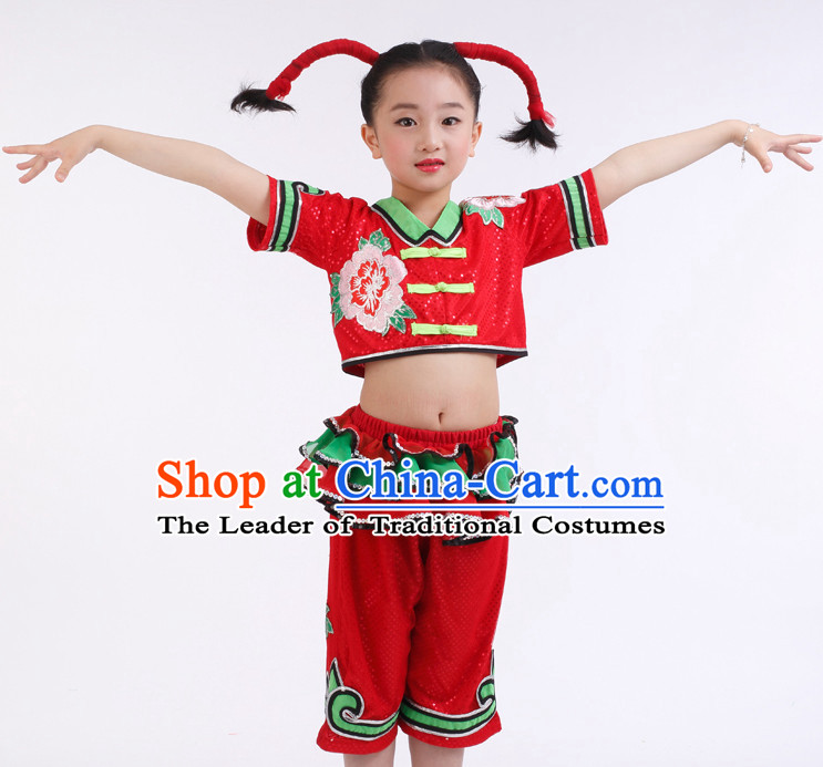 Chinese Competition Group Dance Costumes Kids Dance Costumes Folk Dances Ethnic Dance Fan Dance Dancing Dancewear for Children