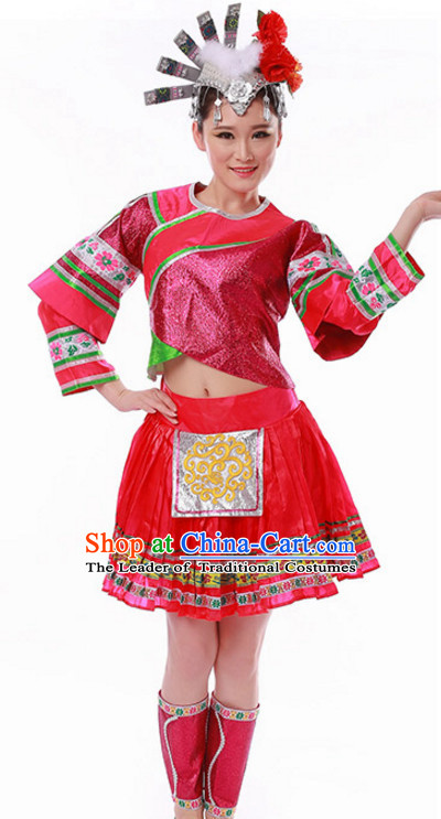 Ancient Chinese Folk Dance Costume and Hat for Ladies