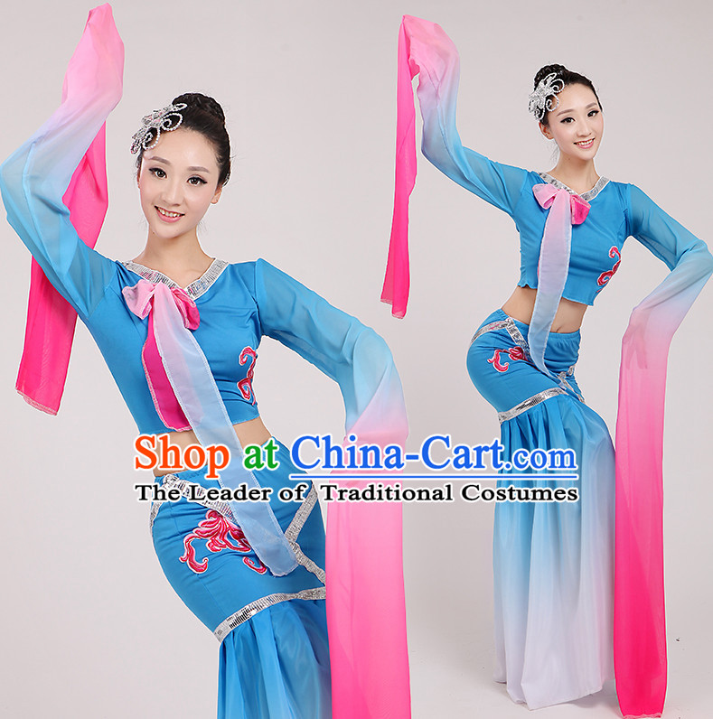 Asian Chinese Water Sleeves Long Sleeve Dance Costume Clothing Oriental Dress and Hair Accessories Complete Set for Women Girls Adults Children