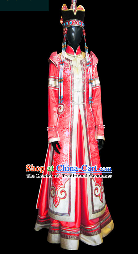 Chinese Mongolian People Yuan Dynasty Mongolians Dance Costumes Queen Princess Empress Clothing Clothes Garment Complete Set for Women Girls