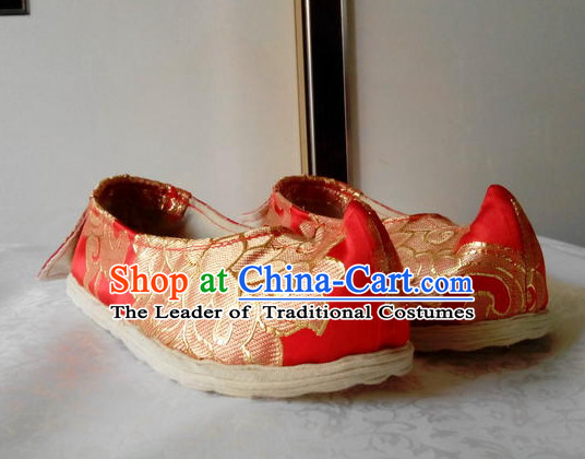 Red Chinese Ancient Handmade Traditional Bow Fabric Shoes for Women and Girls