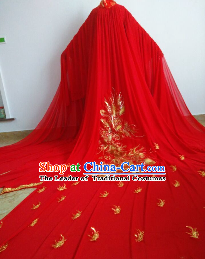 Long Trail Chinese Ancient Red Phoenix Wedding Dress Complete Set for Women