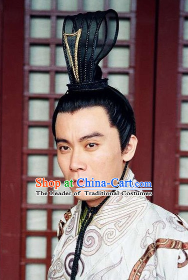 Han Dynasty Chinese Classic Type of Imperial Emperor Black Wigs and Coronet for Men