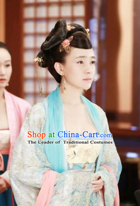 Ancient Chinese Imperial Beauties Empress Black Wigs and Hair Styling Accessories Gold Hair Clips