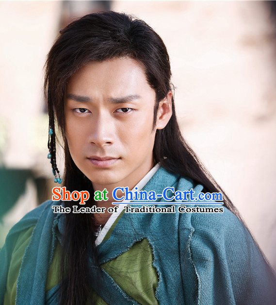 Ancient Chinese Fashion Kung Fu Master Knight Black Long Wigs and Hair Accessory for Men or Boys