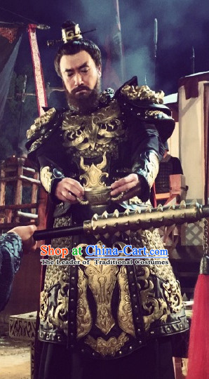 Ancient Chinese Style Emperor Armor Costumes Dress Authentic Clothes Culture Han Dresses Traditional National Dress Clothing and Headdress Complete Set